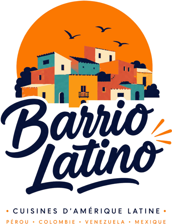 Logo du Barrio Latino : un village de maisons colorées devant un soleil orange.