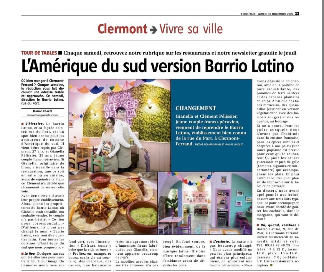 Coupure de presse de La Montagne du 15 novembre 2025 : l’article « L’Amérique du sud version Barrio Latino » dans la rubrique Tour de tables, illustré de photos de la salle et des plats.